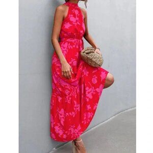 Boho pink floral print belted halter maxi dress